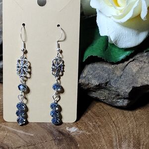 Hand Crafted Blue Crystal Glass Dangle Earrings With Silver Toned Metal Accents